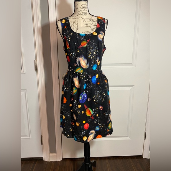 Retrolicious Black Cosmic Galaxy Print Fit & Flare Cotton Dress w/ Pockets XL N - Picture 4 of 10